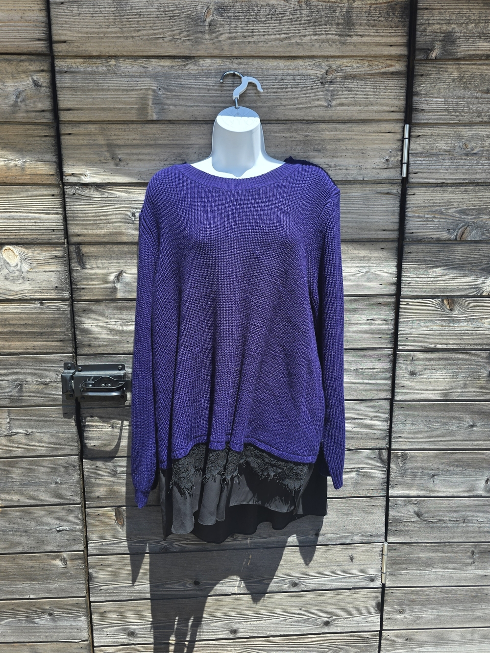 Blue Knit Sweater with Black Lace Hem